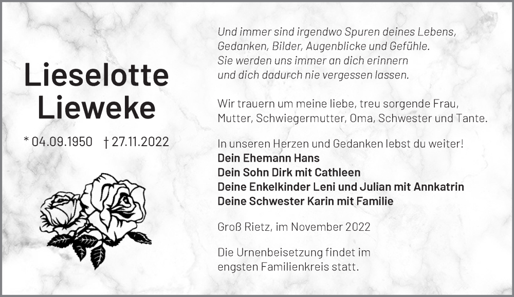  Traueranzeige für Lieselotte Lieweke vom 03.12.2022 aus Märkische Oderzeitung