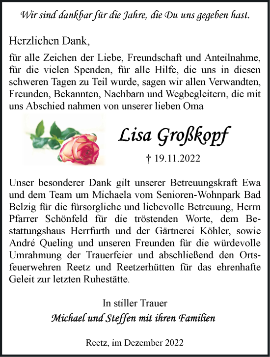 Traueranzeige von Lisa Großkopf von Märkische Oderzeitung