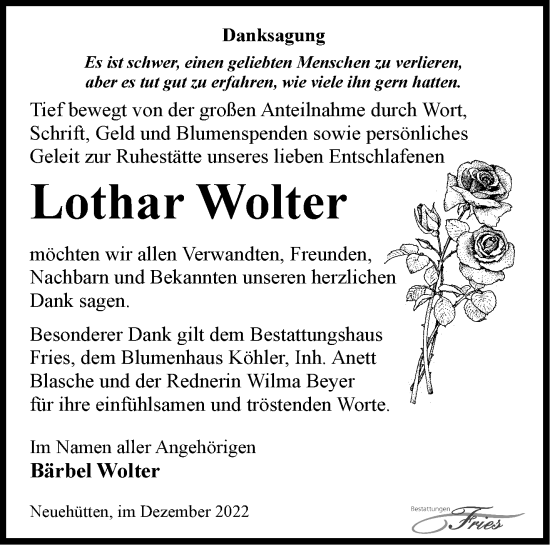 Traueranzeige von Lothar Wolter von Märkische Oderzeitung