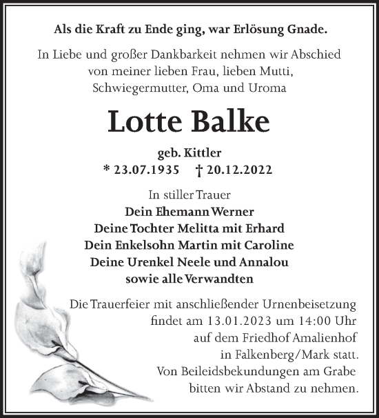 Traueranzeige von Lotte Balke von Märkische Oderzeitung