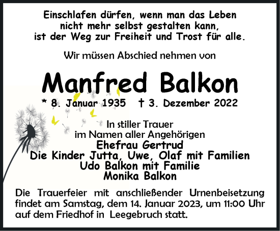 Traueranzeige von Manfred Balkon von Märkische Oderzeitung