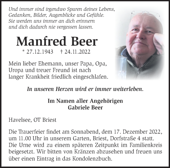 Traueranzeige von Manfred Beer von Märkische Oderzeitung