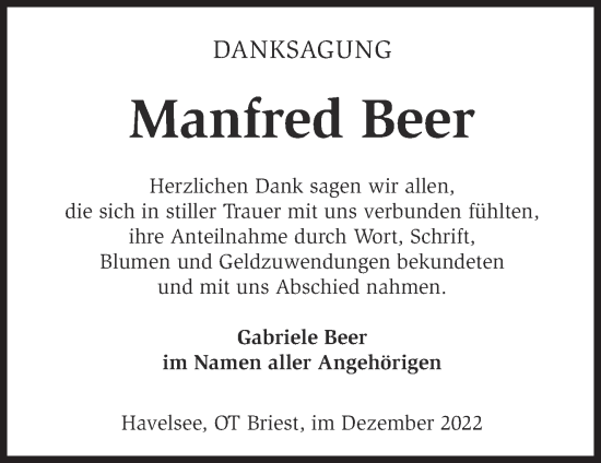 Traueranzeige von Manfred Beer von Märkische Oderzeitung