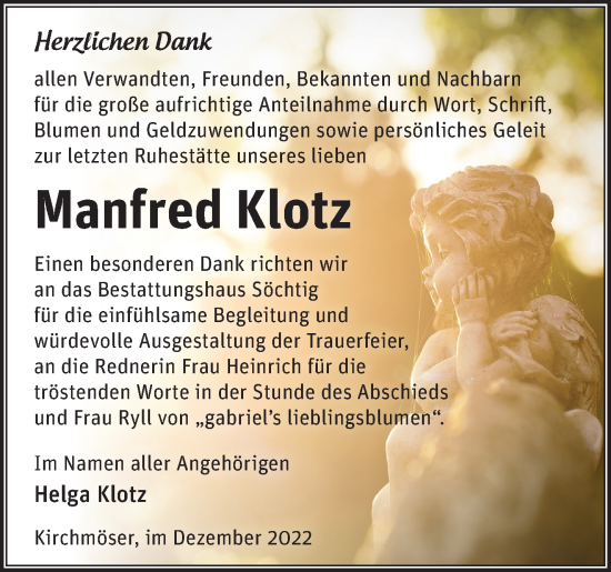 Traueranzeige von Manfred Klotz von Märkische Oderzeitung