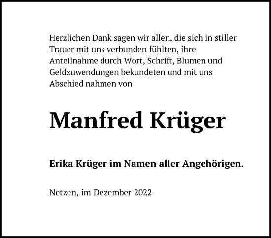 Traueranzeige von Manfred Krüger von Märkische Oderzeitung