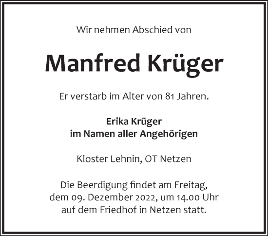 Traueranzeige von Manfred Krüger von Märkische Oderzeitung