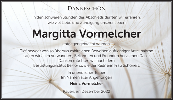 Traueranzeige von Margitta Vormelcher von Märkische Oderzeitung