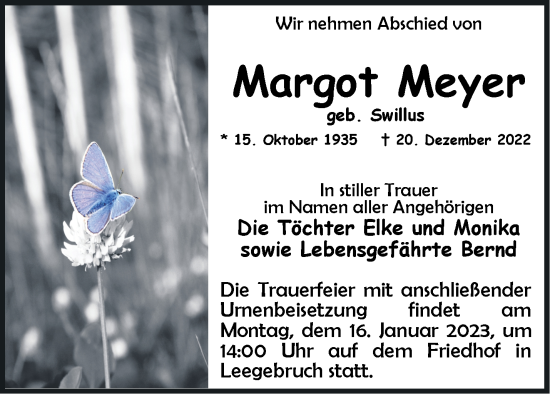 Traueranzeige von Margot Meyer von Märkische Oderzeitung