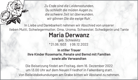 Traueranzeige von Maria Derwanz von Märkische Oderzeitung