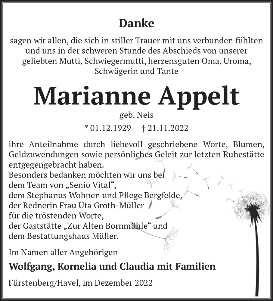  Traueranzeige für Marianne Appelt vom 07.12.2022 aus Märkische Oderzeitung