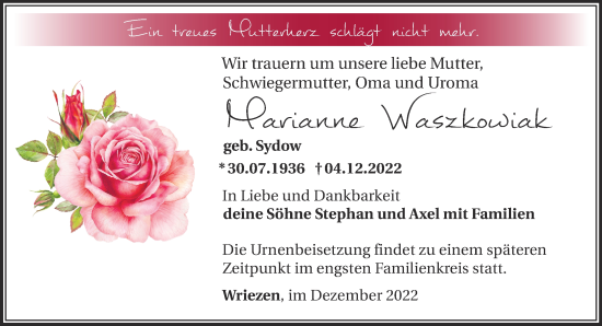 Traueranzeige von Marianne Waszkowiak von Märkische Oderzeitung