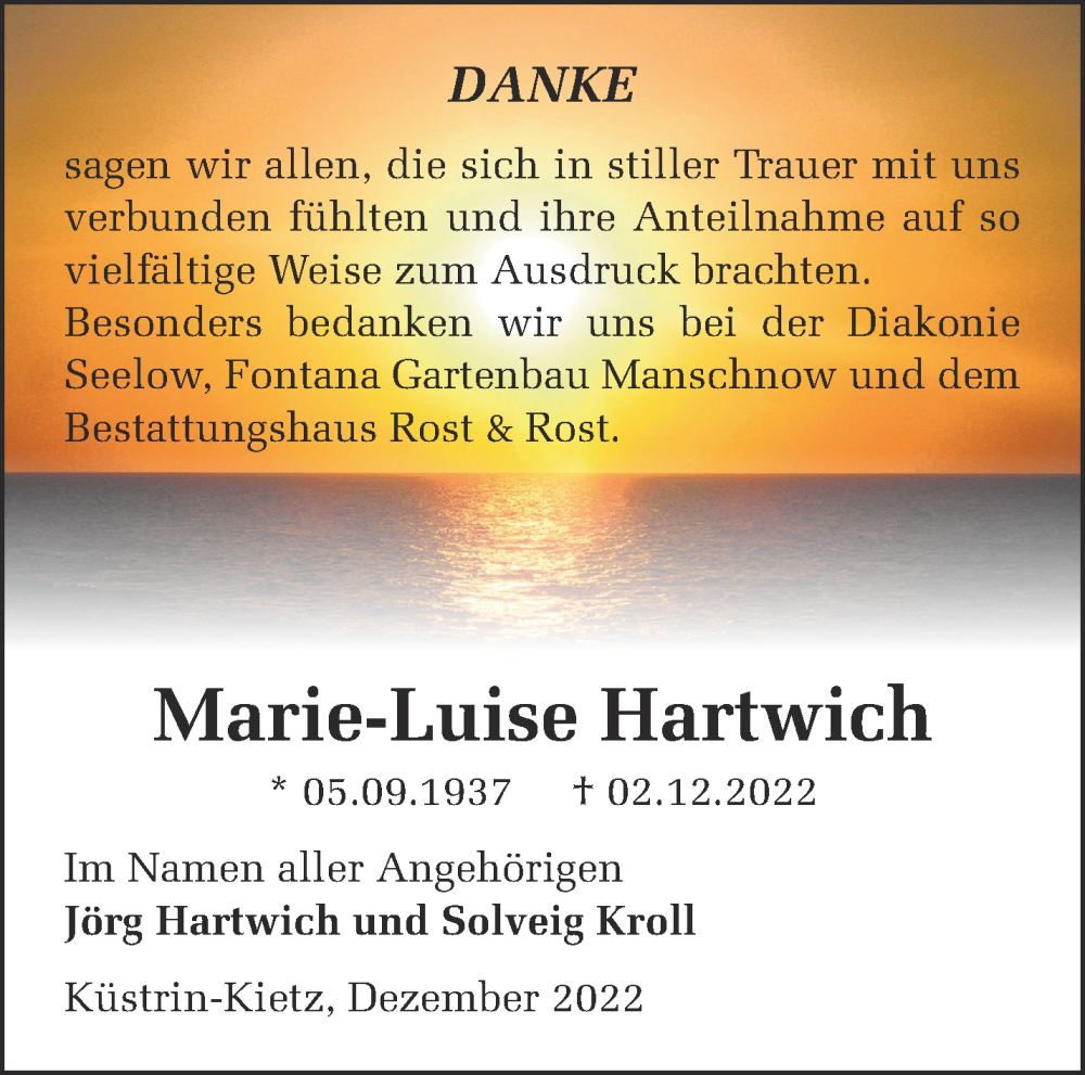  Traueranzeige für Marie-Luise Hartwich vom 17.12.2022 aus Märkische Oderzeitung