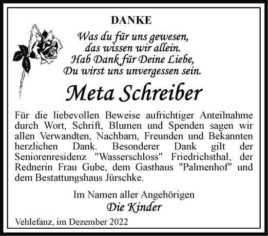 Traueranzeige von Meta Schreiber von Märkische Oderzeitung