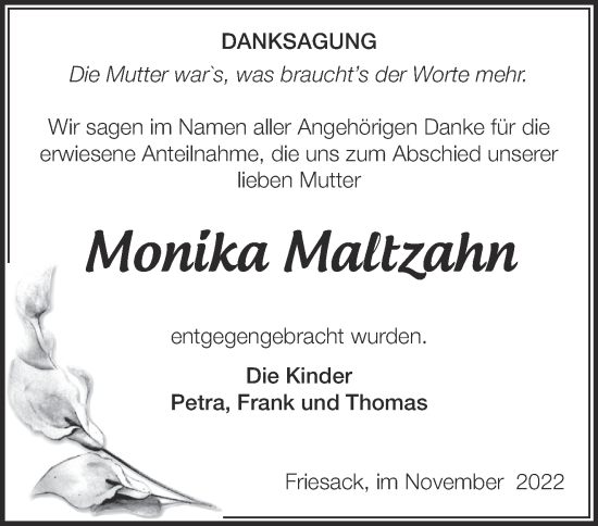 Traueranzeige von Monika Maltzahn von Märkische Oderzeitung