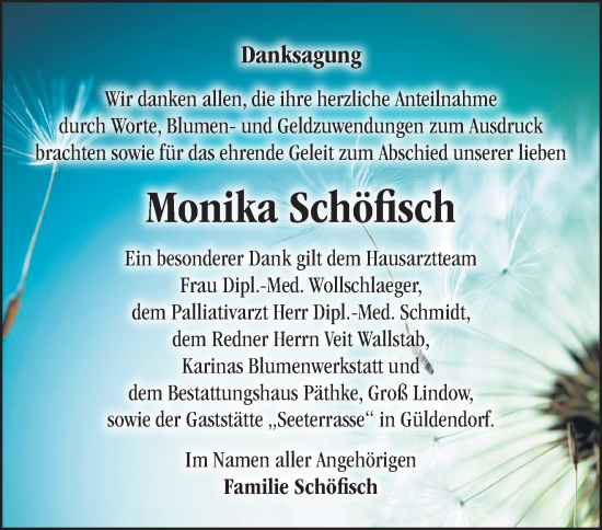 Traueranzeige von Monika Schöfisch von Märkische Oderzeitung