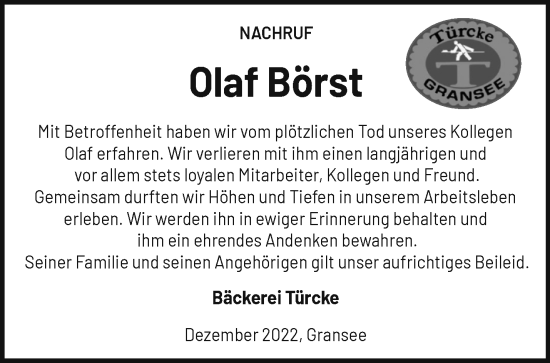 Traueranzeige von Olaf Börst von Märkische Oderzeitung