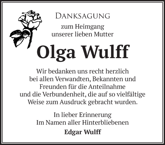 Traueranzeige von Olga Wulff von Märkische Oderzeitung