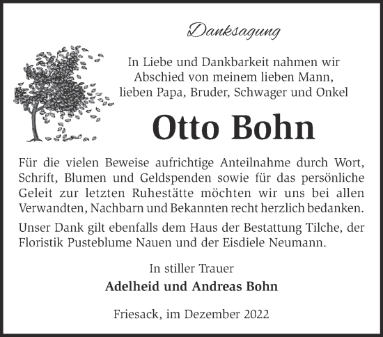 Traueranzeige von Otto Bohn von Märkische Oderzeitung