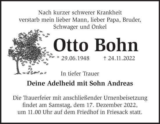 Traueranzeige von Otto Bohn von Märkische Oderzeitung