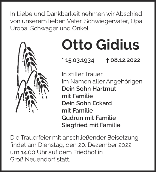 Traueranzeige von Otto Gidius von Märkische Oderzeitung