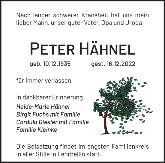 Traueranzeige von Peter Hähnel von Märkische Oderzeitung