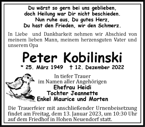 Traueranzeige von Peter Kobilinski von Märkische Oderzeitung