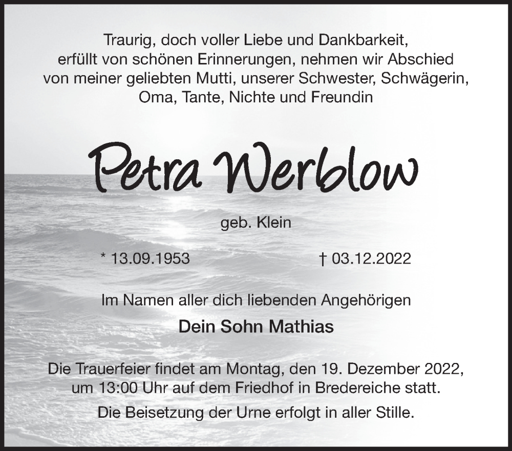  Traueranzeige für Petra Werblow vom 07.12.2022 aus Märkische Oderzeitung