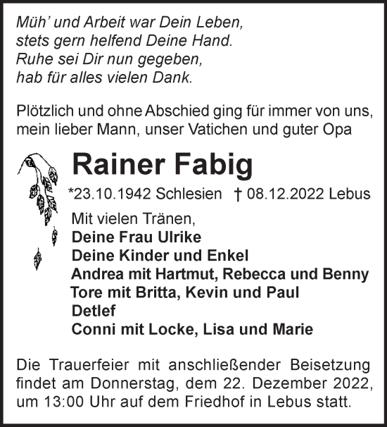 Traueranzeige von Rainer Fabig von Märkische Oderzeitung