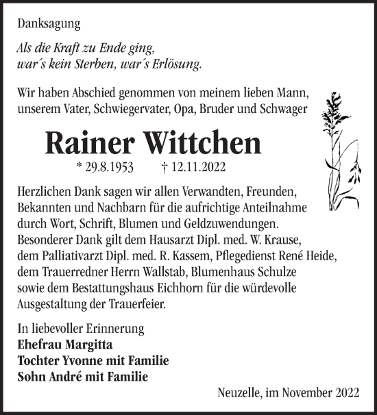 Traueranzeige von Rainer Wittchen von Märkische Oderzeitung