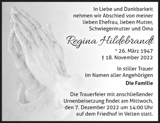 Traueranzeige von Regina Hildebrandt von Märkische Oderzeitung