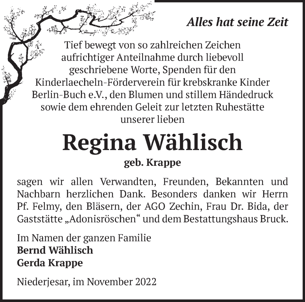  Traueranzeige für Regina Wählisch vom 03.12.2022 aus Märkische Oderzeitung