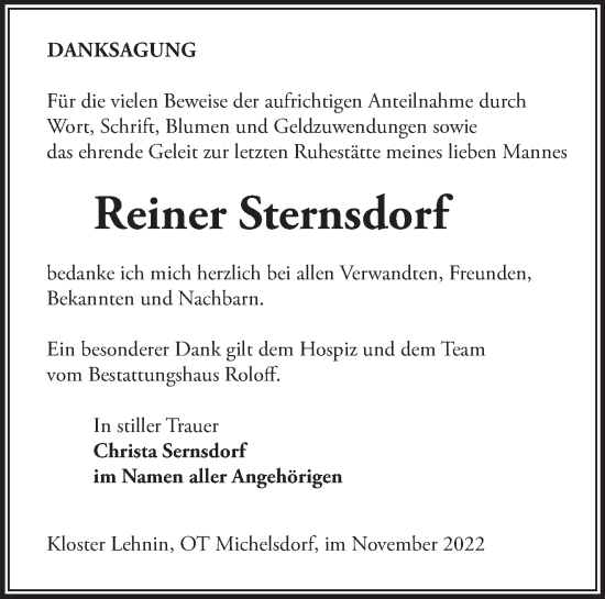 Traueranzeige von Reiner Sternsdorf von Märkische Oderzeitung