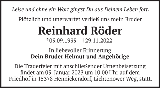 Traueranzeige von Reinhard Röder von Märkische Oderzeitung