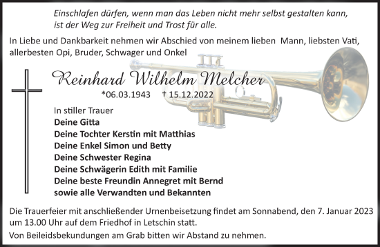 Traueranzeige von Reinhard Wilhelm Melcher von Märkische Oderzeitung