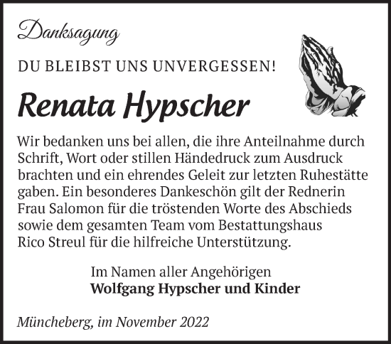 Traueranzeige von Renata Hypscher von Märkische Oderzeitung