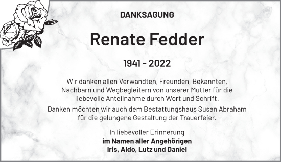 Traueranzeige von Renate Fedder von Märkische Oderzeitung