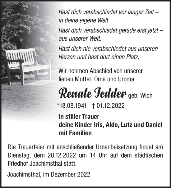 Traueranzeige von Renate Fedder von Märkische Oderzeitung