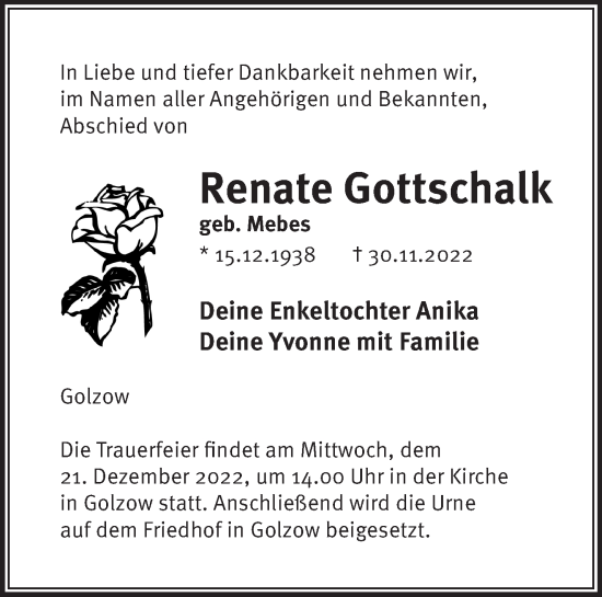 Traueranzeige von Renate Gottschalk von Märkische Oderzeitung