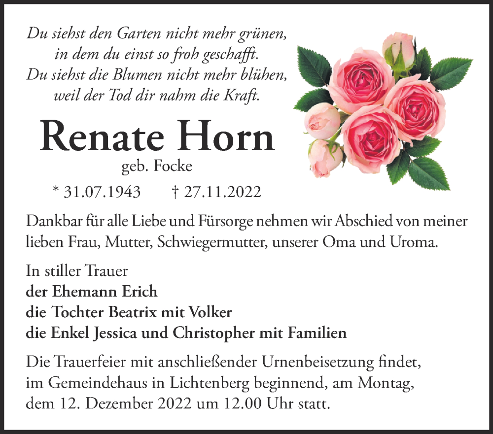  Traueranzeige für Renate Horn vom 03.12.2022 aus Märkische Oderzeitung
