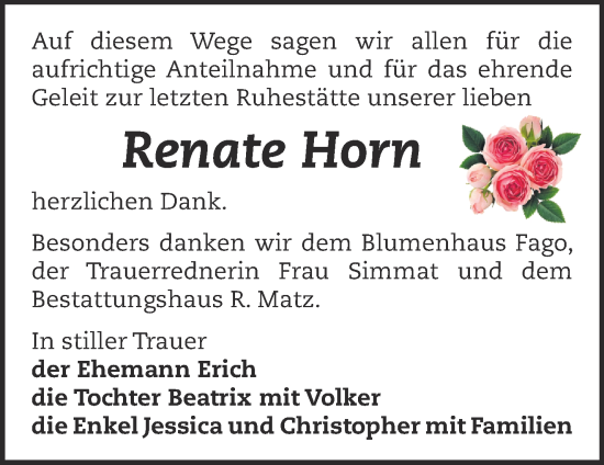 Traueranzeige von Renate Horn von Märkische Oderzeitung