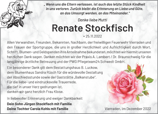 Traueranzeige von Renate Stockfisch von Märkische Oderzeitung