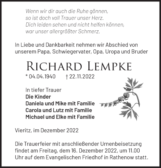 Traueranzeige von Richard Lempke von Märkische Oderzeitung