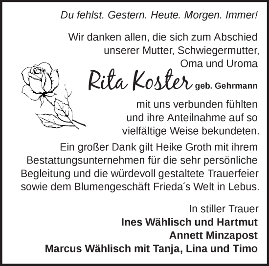 Traueranzeige von Rita Koster von Märkische Oderzeitung