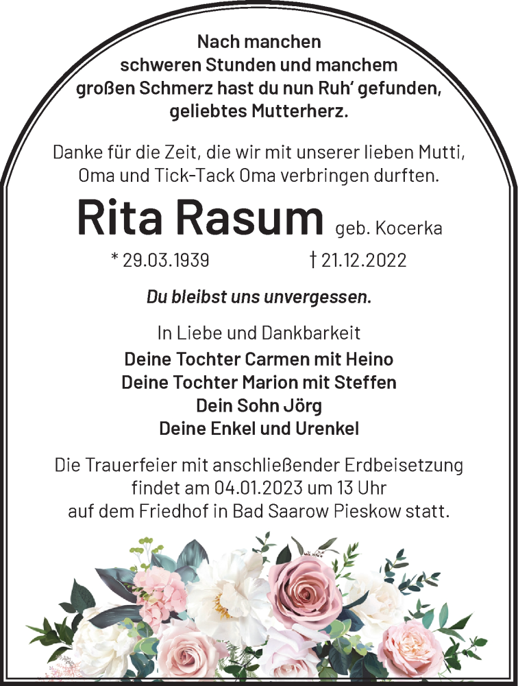  Traueranzeige für Rita Rasum vom 27.12.2022 aus Märkische Oderzeitung