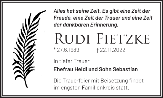 Traueranzeige von Rudi Fietzke von Märkische Oderzeitung