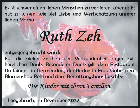 Traueranzeige von Ruth Zeh von Märkische Oderzeitung