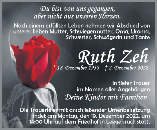 Traueranzeige von Ruth Zeh von Märkische Oderzeitung