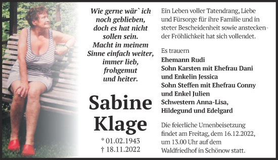 Traueranzeige von Sabine Klage von Märkische Oderzeitung