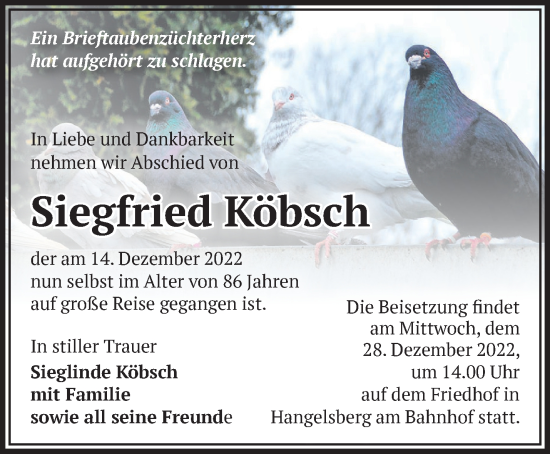 Traueranzeige von Siegfried Köbsch von Märkische Oderzeitung