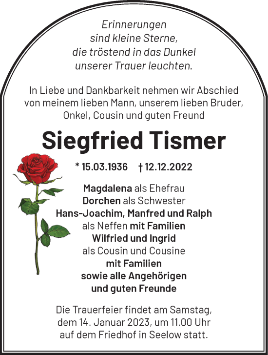 Traueranzeige von Siegfried Tismer von Märkische Oderzeitung